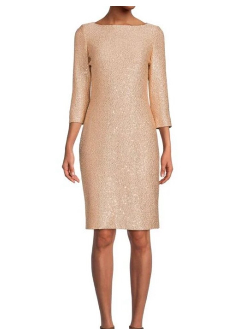St. John Metallic Cream Sequin Midi Sheath Dress Sz 14